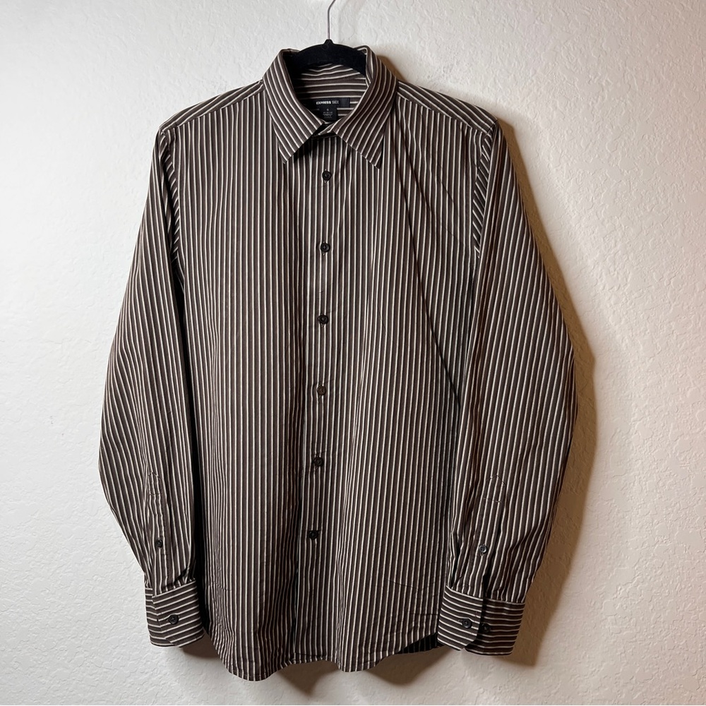 Express 1MX Men’s Shirt Size Small Modern Fit Stretch Brown Stripe Button Down